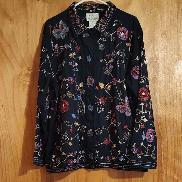 The Quacker Factory Jackets & Blazers - Stunning Quacker Factory Beaded Shacket Navy Embroidery Butterfly Cotton India L